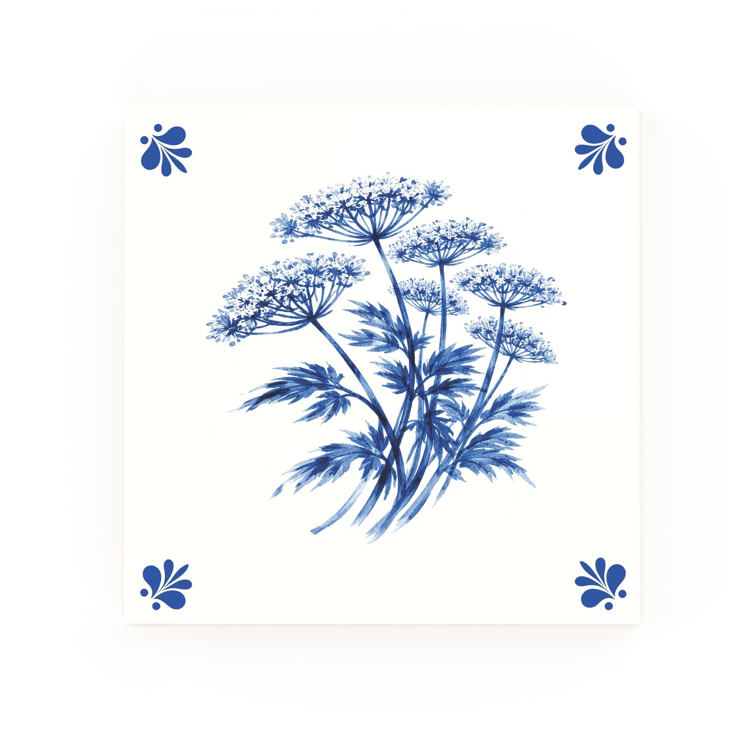 Cow Parsley Delft blue decorative ceramic tile – Modern corner style