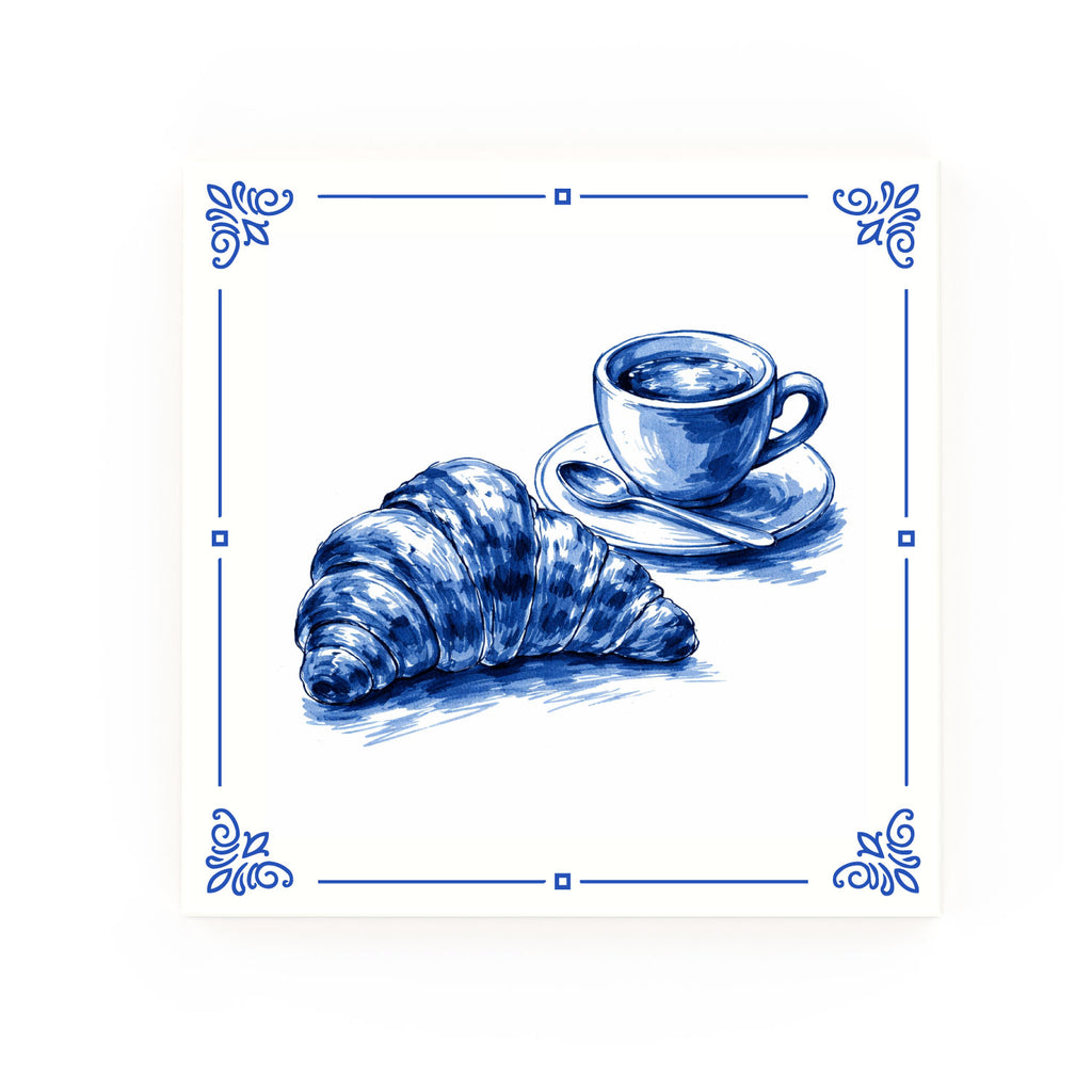 Croissant and Espresso Delft blue decorative ceramic tile – Classic corner style