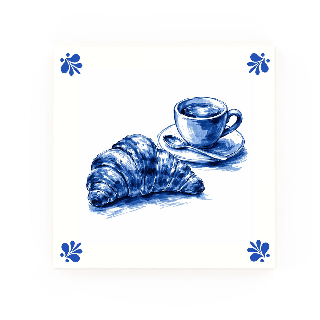Croissant and Espresso Delft blue decorative ceramic tile – Modern corner style