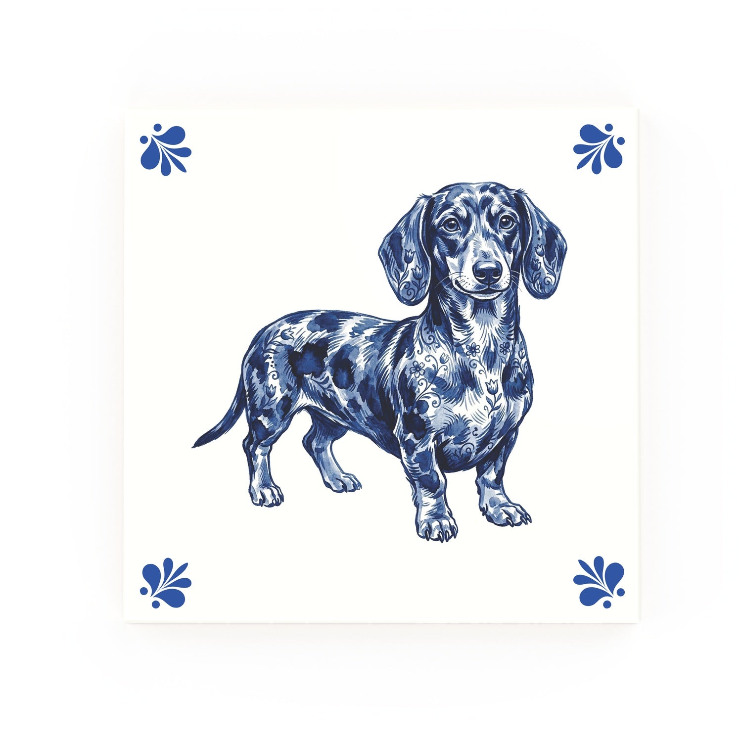 Dachshund Delft blue decorative ceramic tile – Modern corner style