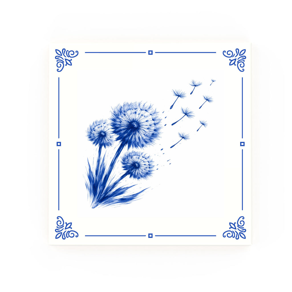 Dandelions Delft blue decorative ceramic tile – Classic corner style