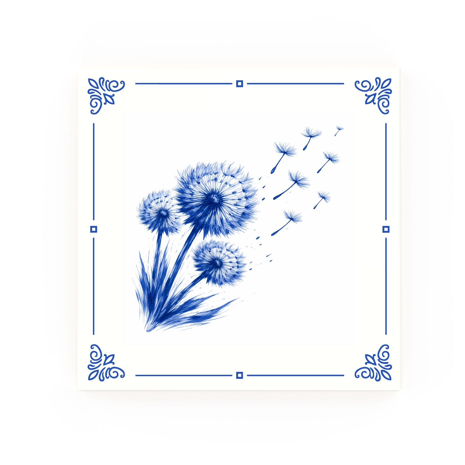 Dandelions Delft blue decorative ceramic tile – Classic corner style