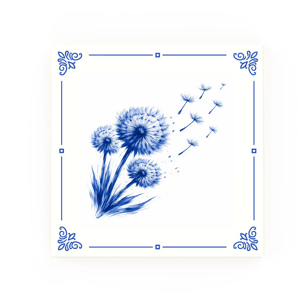 Dandelions Delft blue decorative ceramic tile – Classic corner style