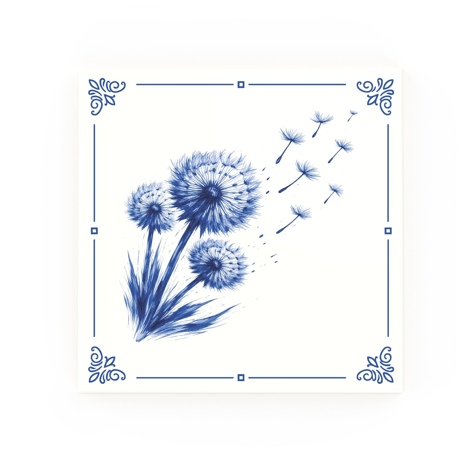 Dandelions Delft blue decorative ceramic tile – Classic corner style