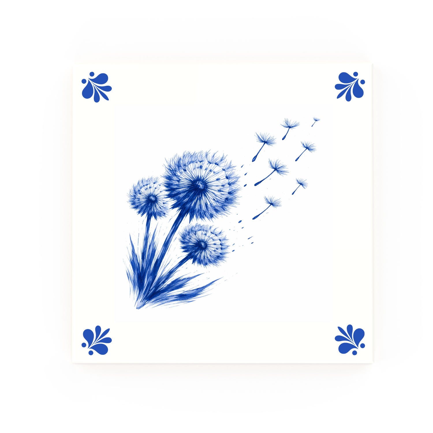 Dandelions Delft blue decorative ceramic tile – Modern corner style