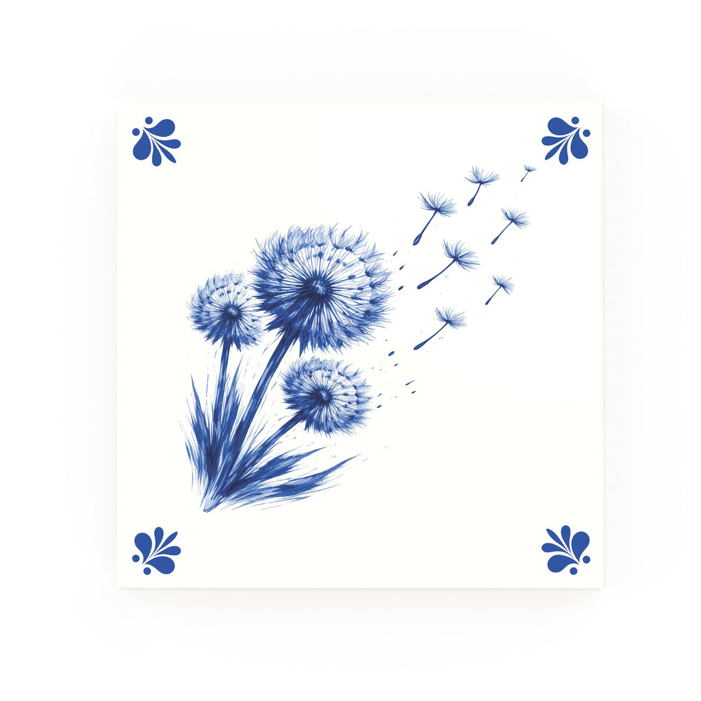 Dandelions Delft blue decorative ceramic tile – Modern corner style