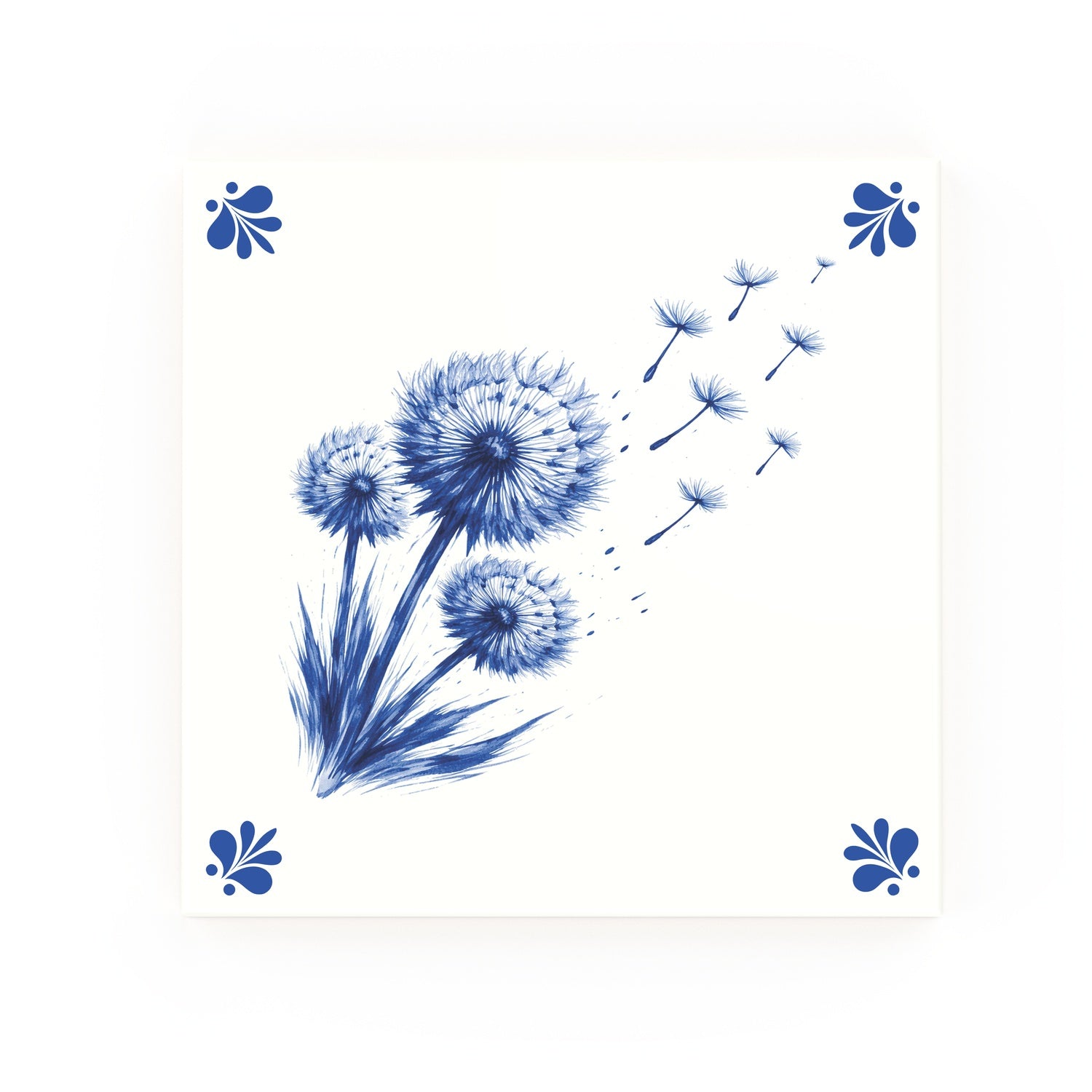 Dandelions Delft blue decorative ceramic tile – Modern corner style