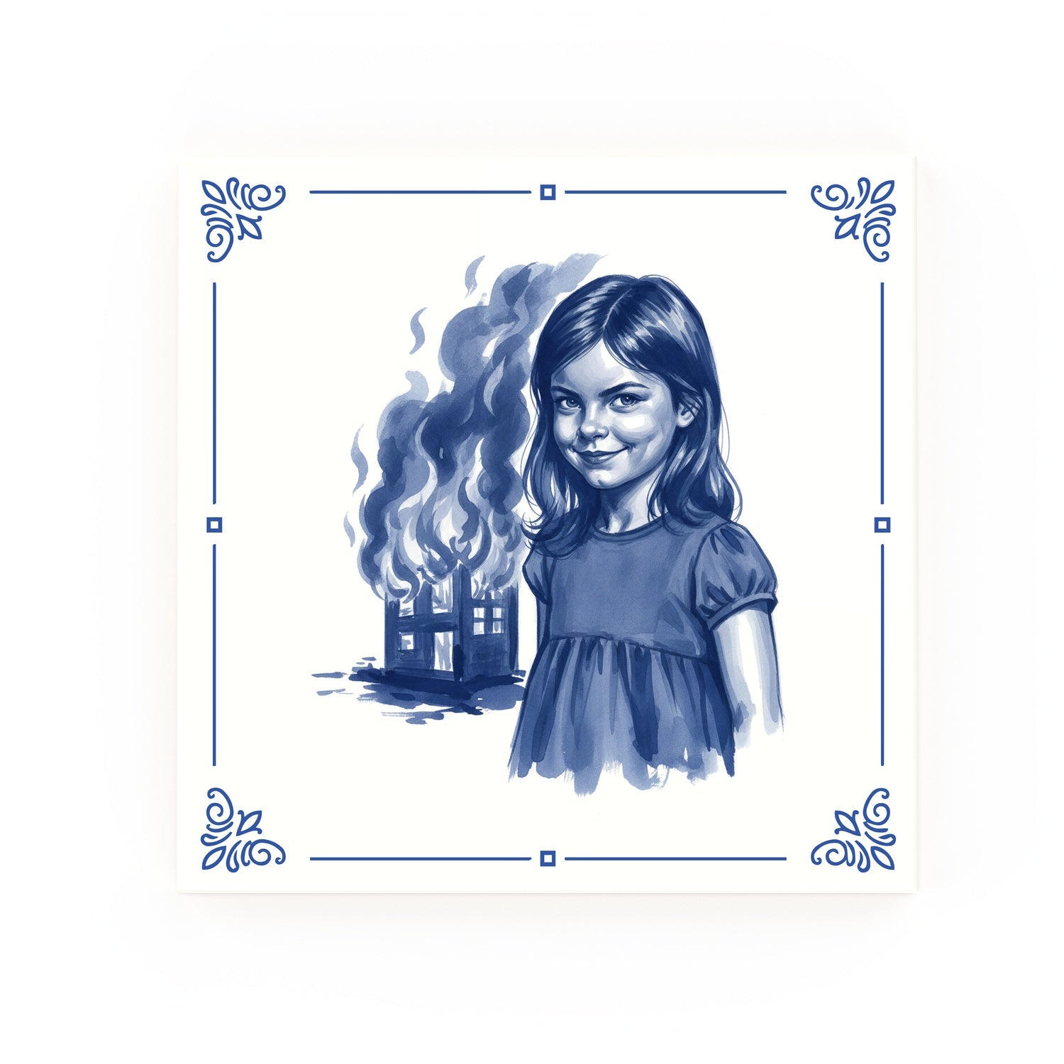 Disaster Girl Delft blue decorative ceramic tile – Classic corner style