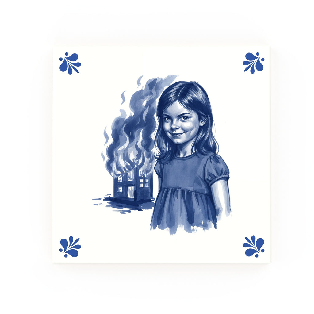 Disaster Girl Delft blue decorative ceramic tile – Modern corner style