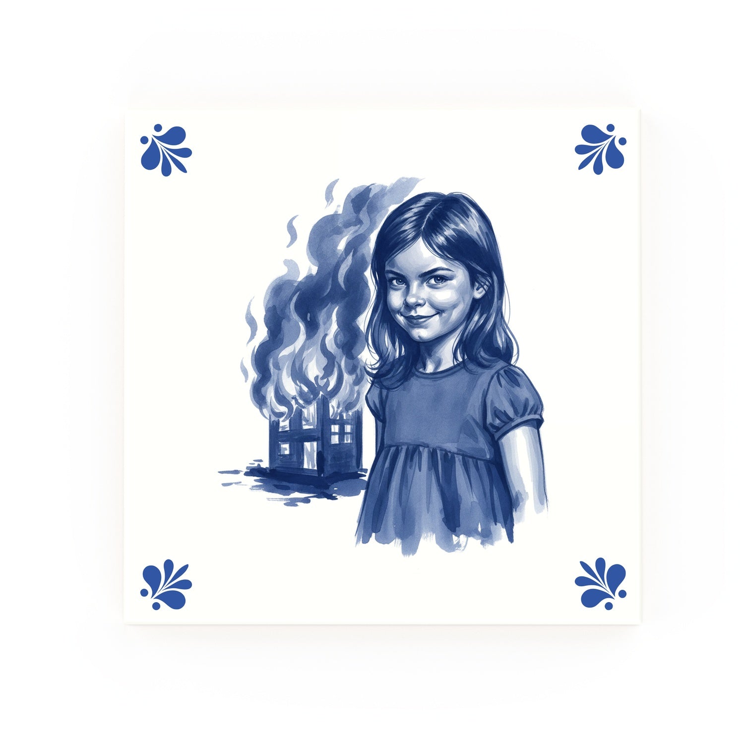Disaster Girl Delft blue decorative ceramic tile – Modern corner style