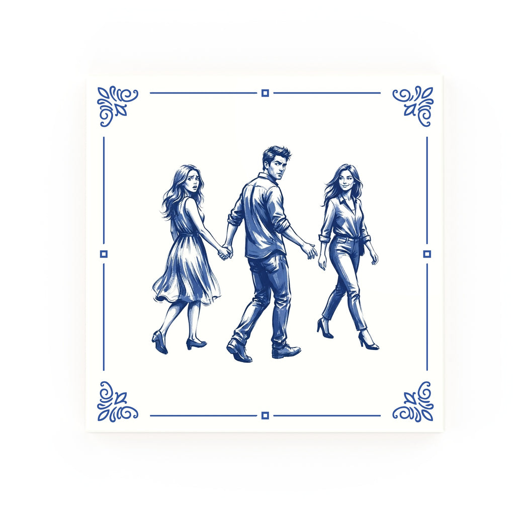 Distracted Boyfriend Delft blue decorative ceramic tile – Classic corner style