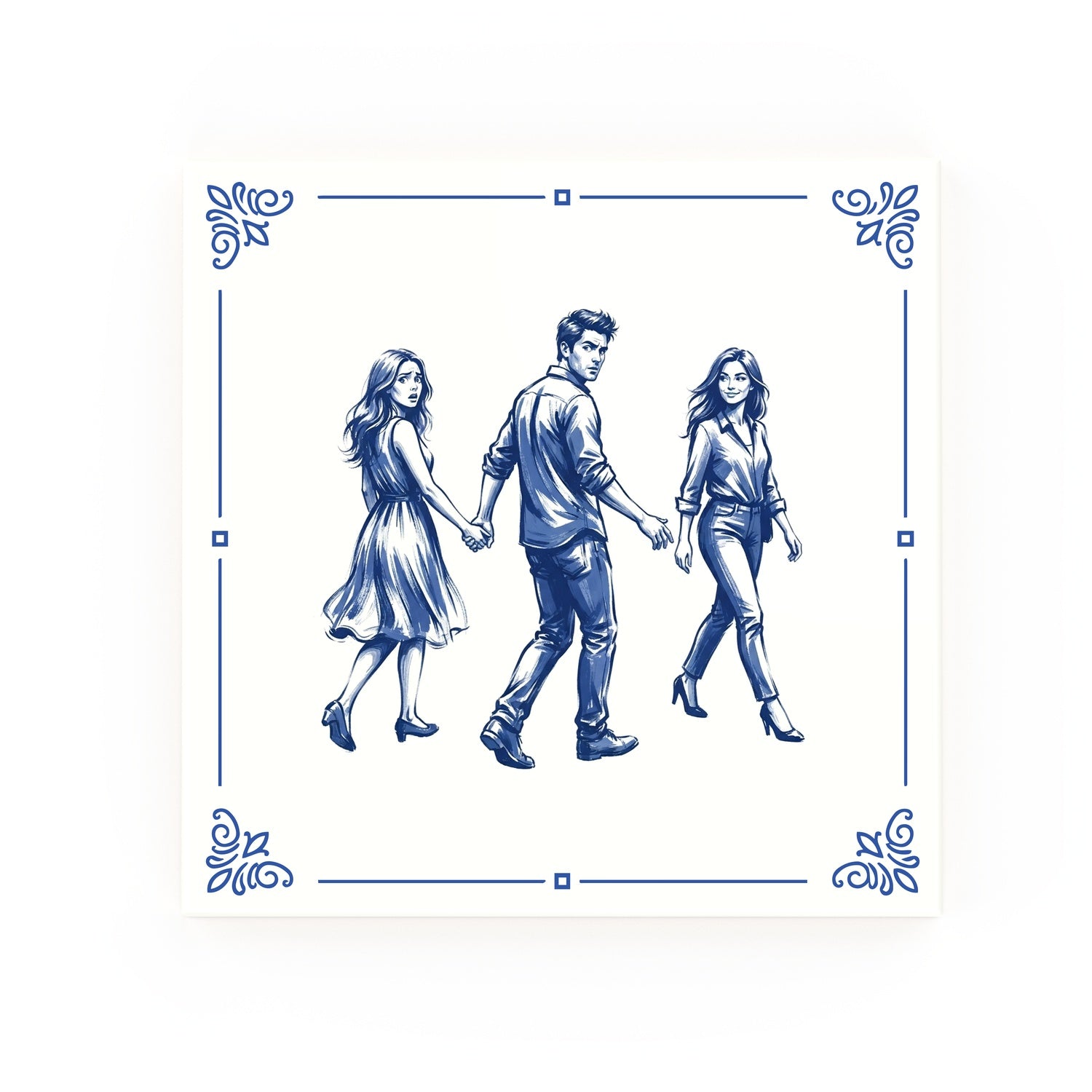 Distracted Boyfriend Delft blue decorative ceramic tile – Classic corner style