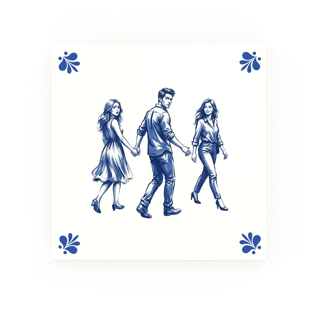 Distracted Boyfriend Delft blue decorative ceramic tile – Modern corner style
