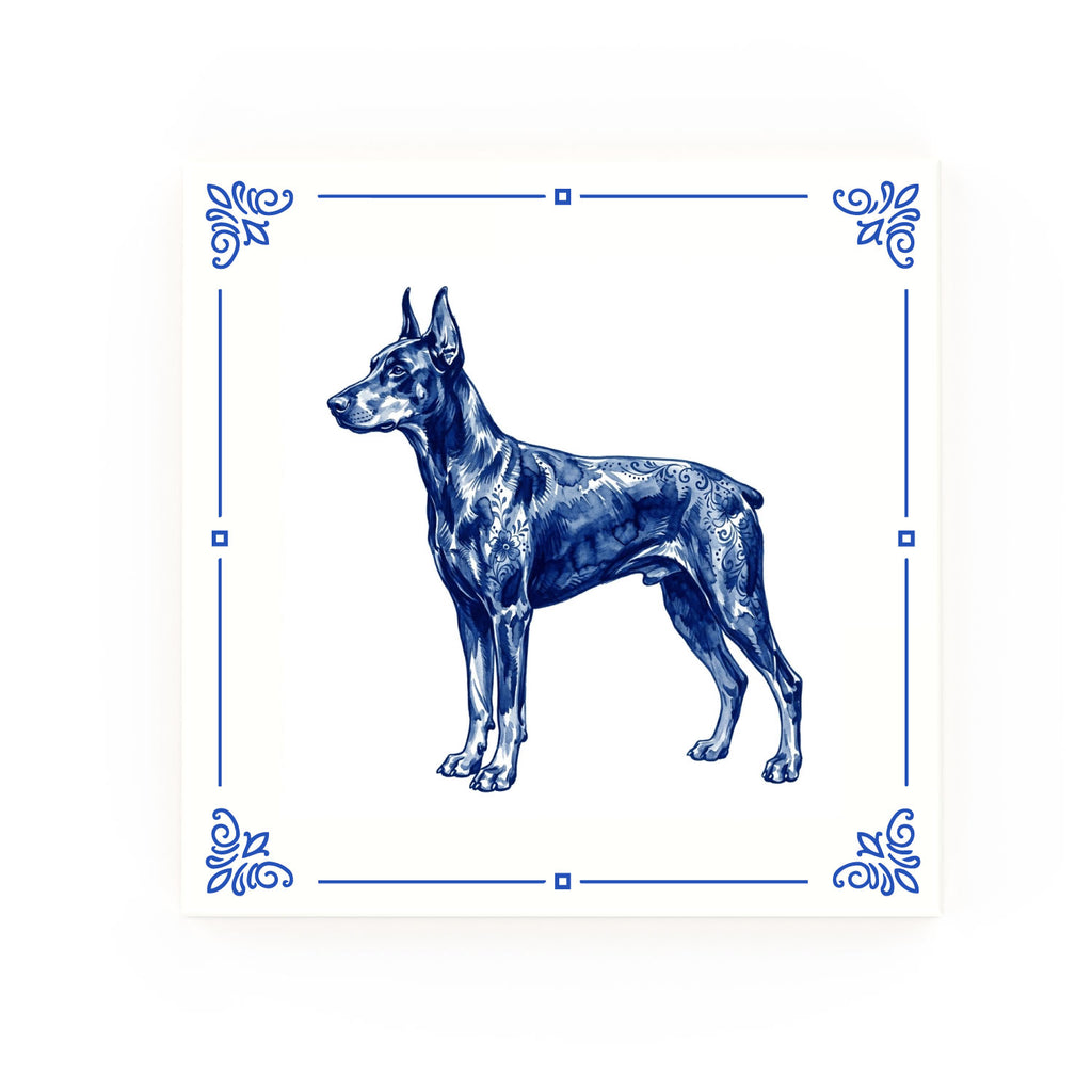 Doberman Pinscher Delft blue decorative ceramic tile – Classic corner style