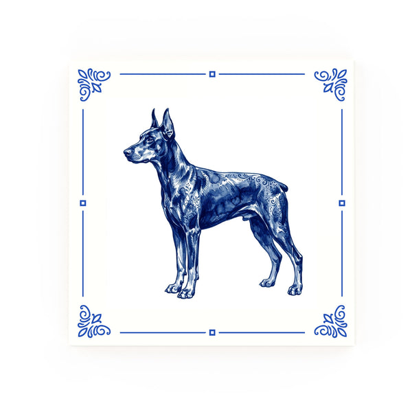 Doberman Pinscher Delft blue decorative ceramic tile – Classic corner style