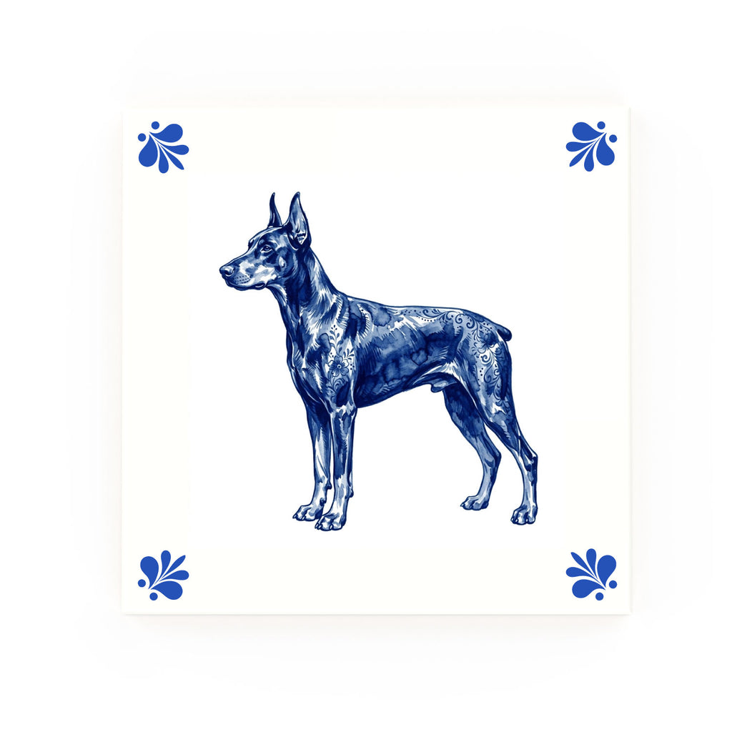 Doberman Pinscher Delft blue decorative ceramic tile – Modern corner style