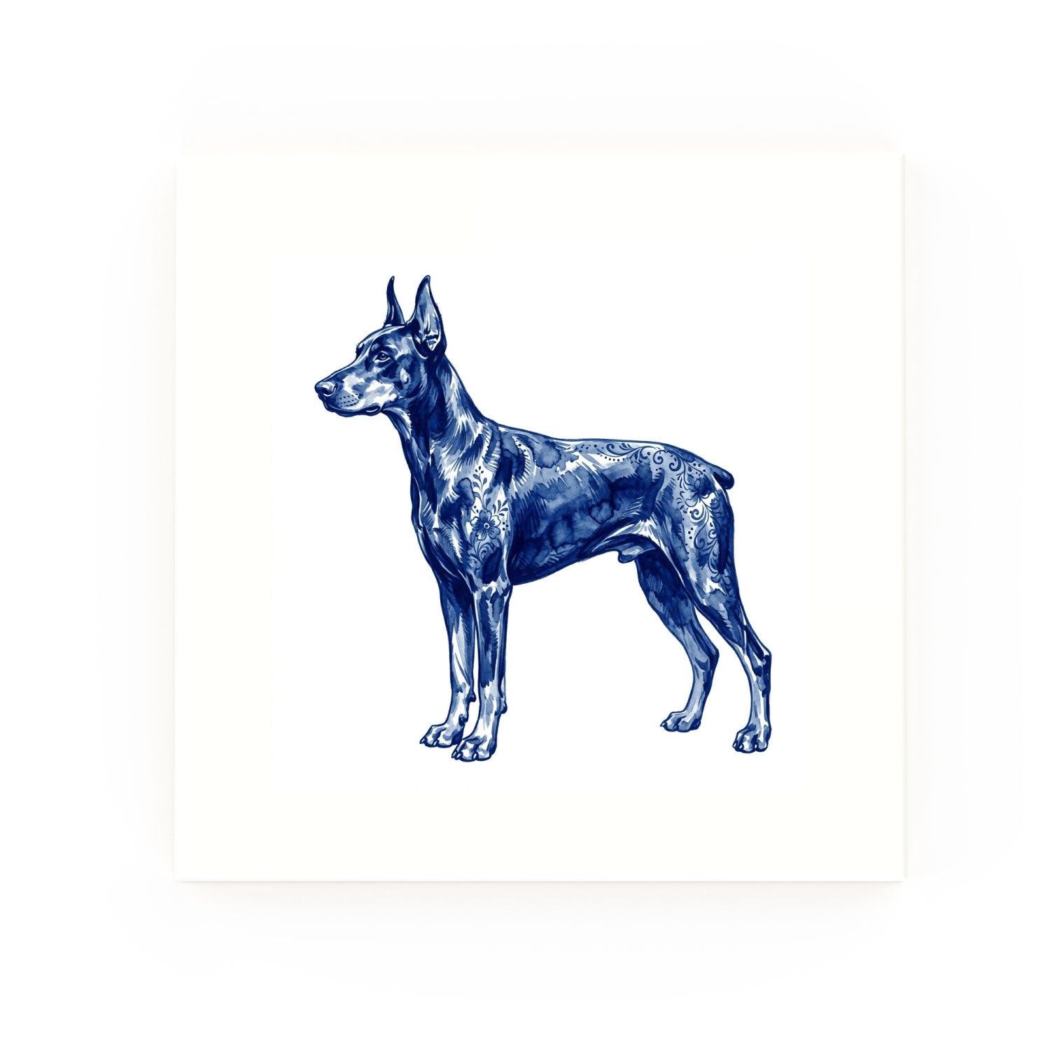 Doberman Pinscher Delft blue decorative ceramic tile – no corner style