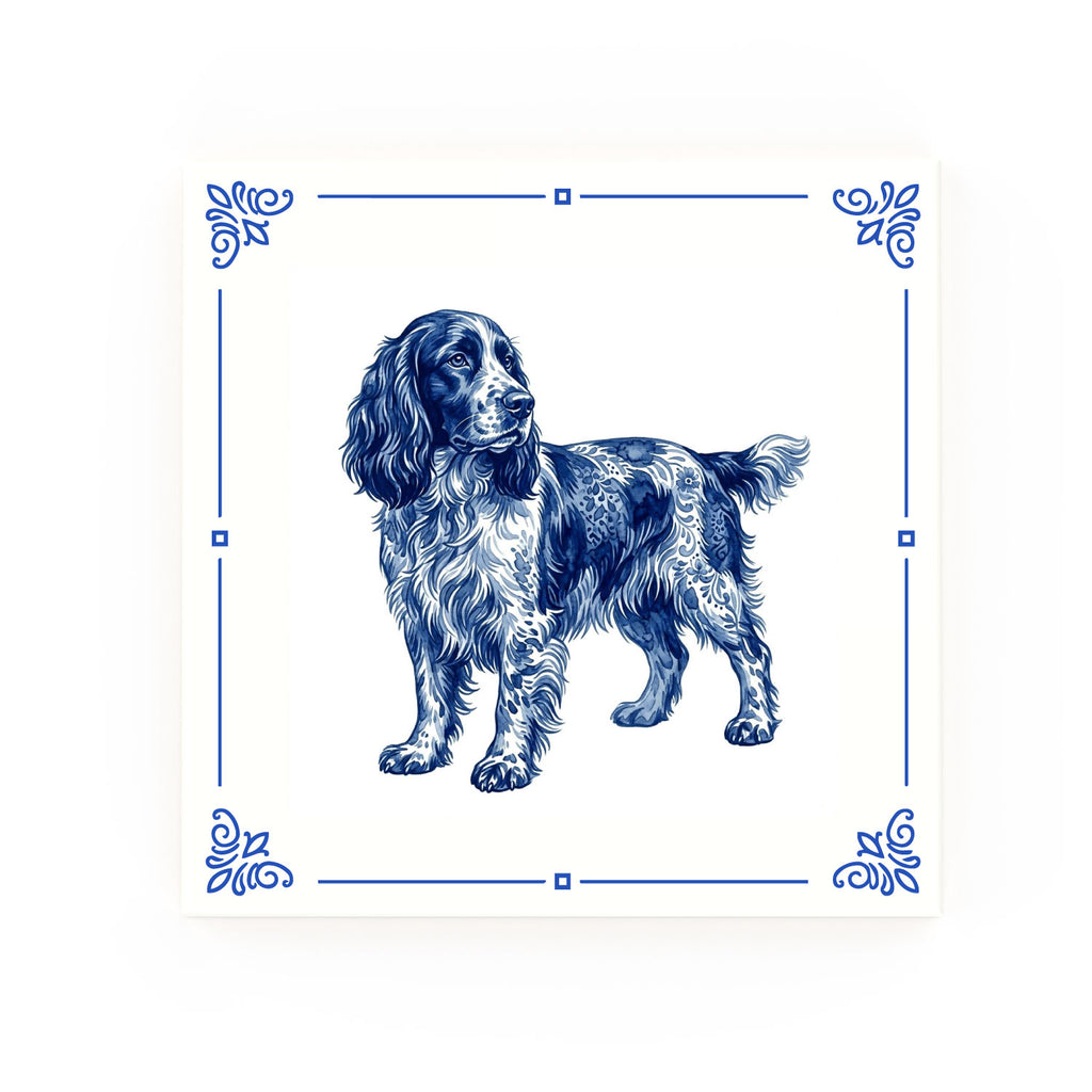 English Springer Spaniel Delft blue decorative ceramic tile – Classic corner style