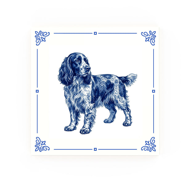 English Springer Spaniel Delft blue decorative ceramic tile – Classic corner style