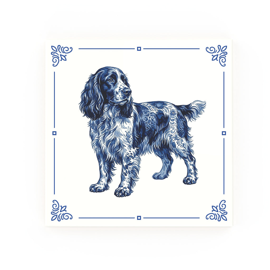 English Springer Spaniel Delft blue decorative ceramic tile – Classic corner style