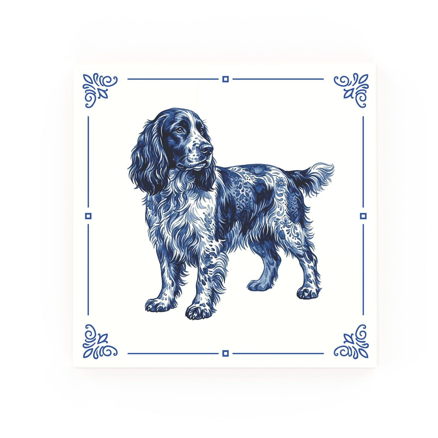 English Springer Spaniel Delft blue decorative ceramic tile – Classic corner style