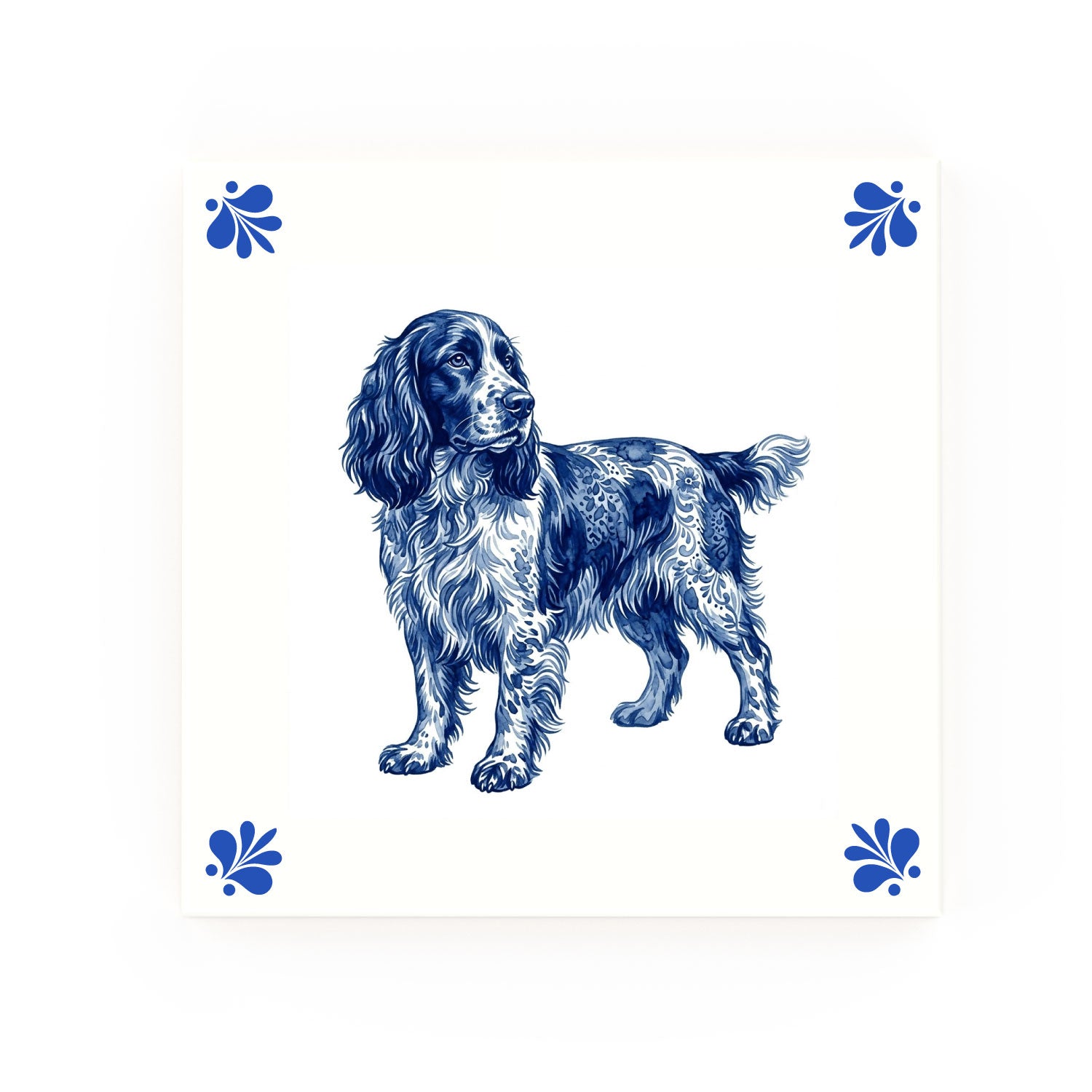 English Springer Spaniel Delft blue decorative ceramic tile – Modern corner style
