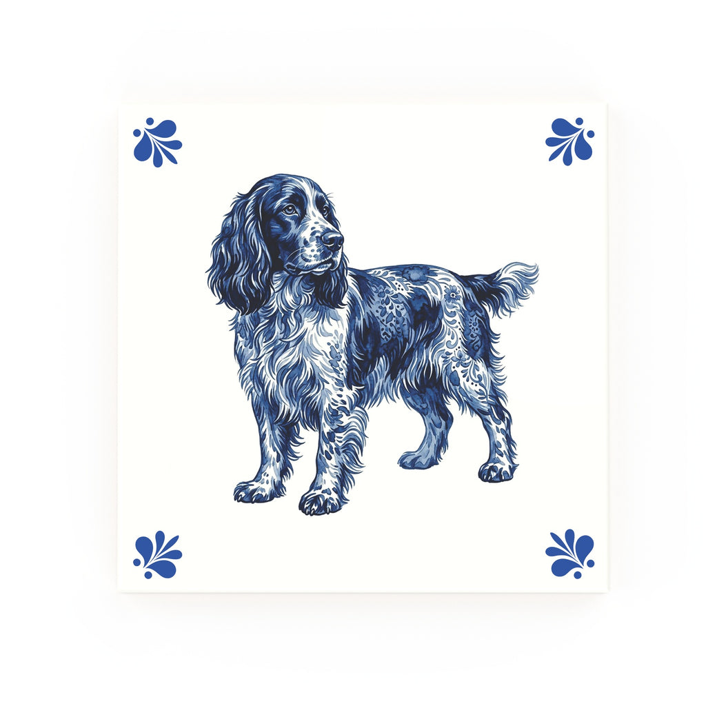English Springer Spaniel Delft blue decorative ceramic tile – Modern corner style