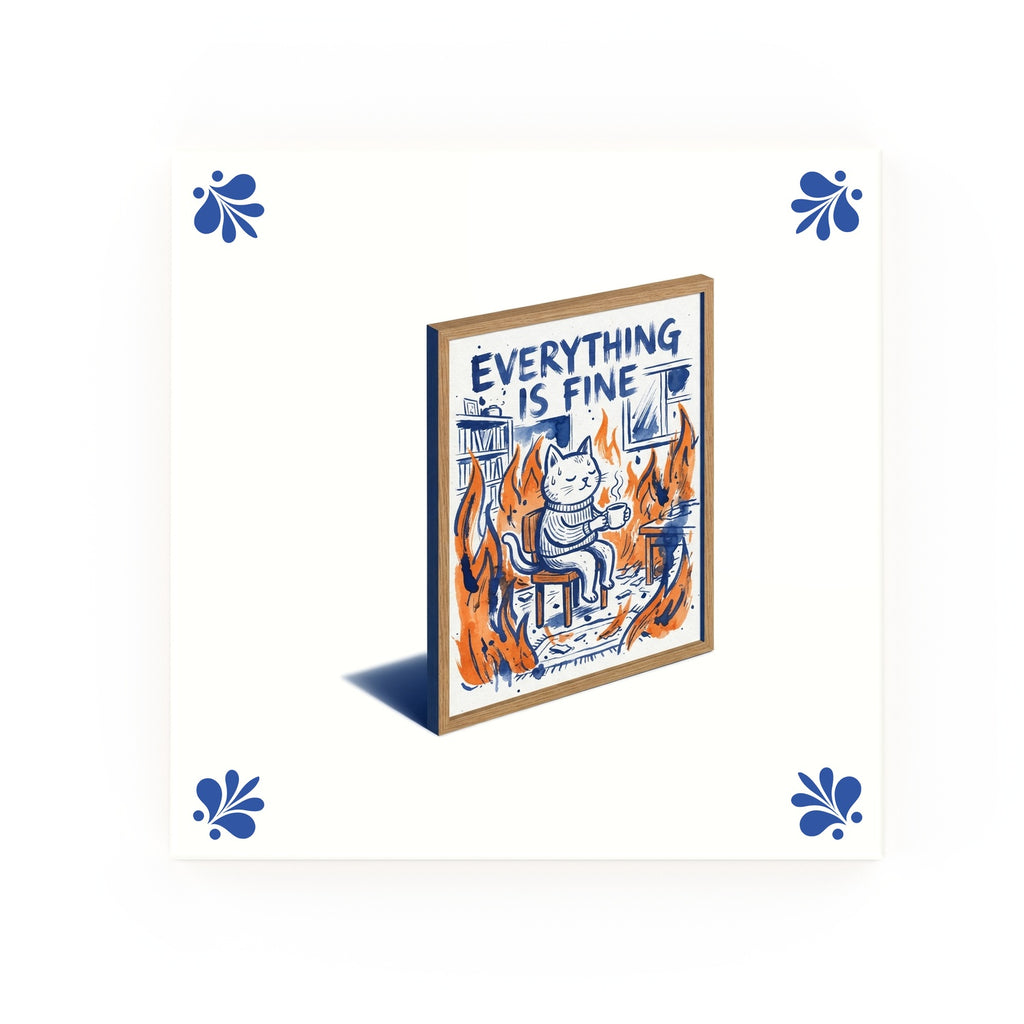 Everything is Fine (Cat Poster) Delft blue decorative ceramic tile – Modern corner style