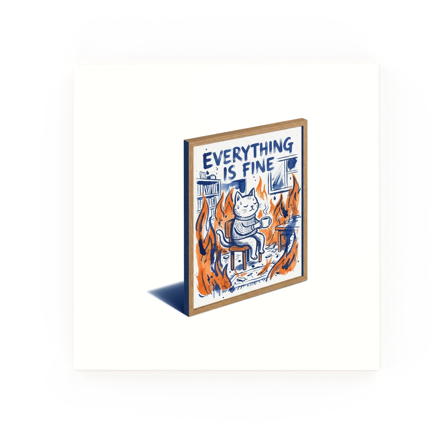 Everything is Fine (Cat Poster) Delft blue decorative ceramic tile – no corner style