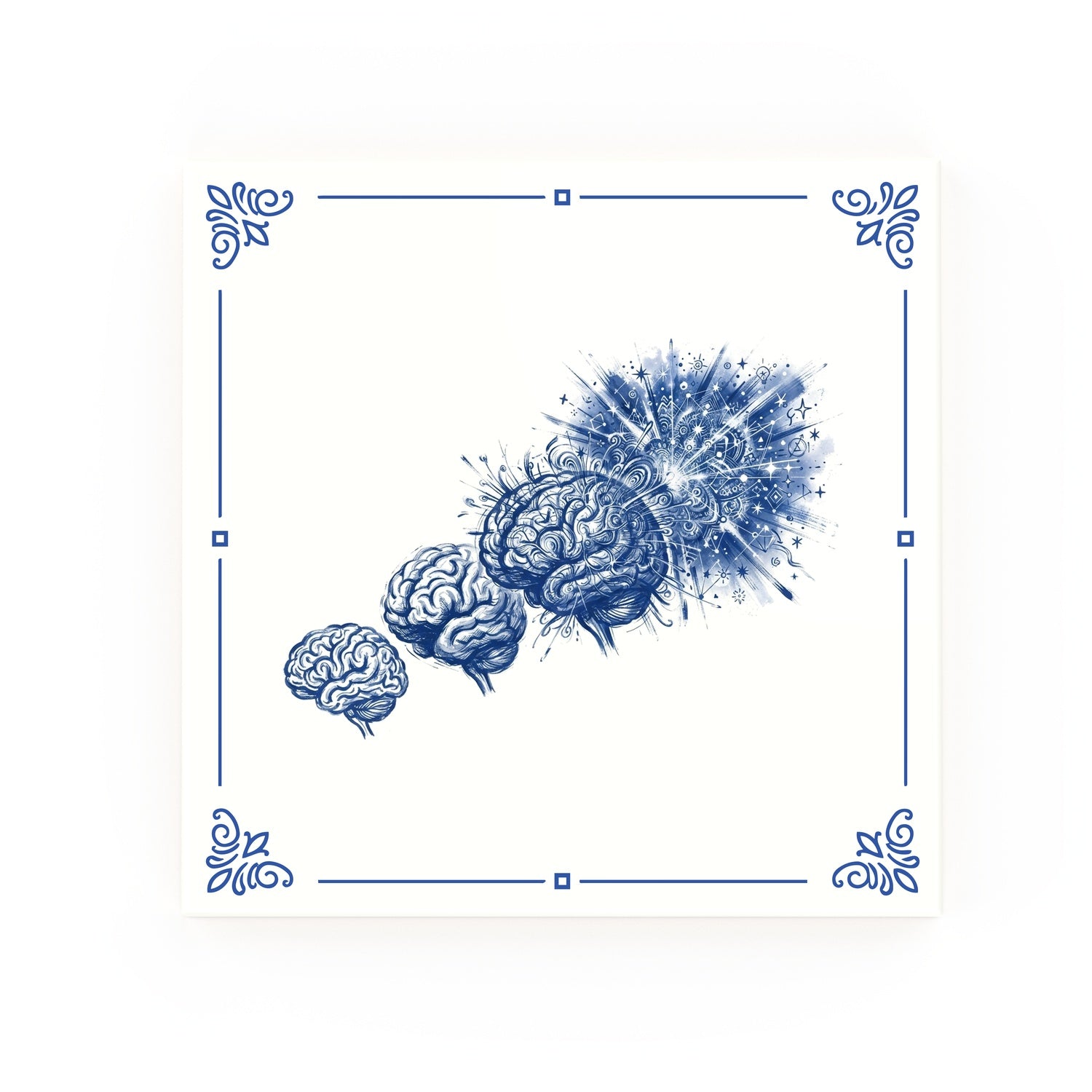 Expanding Brain Delft blue decorative ceramic tile – Classic corner style