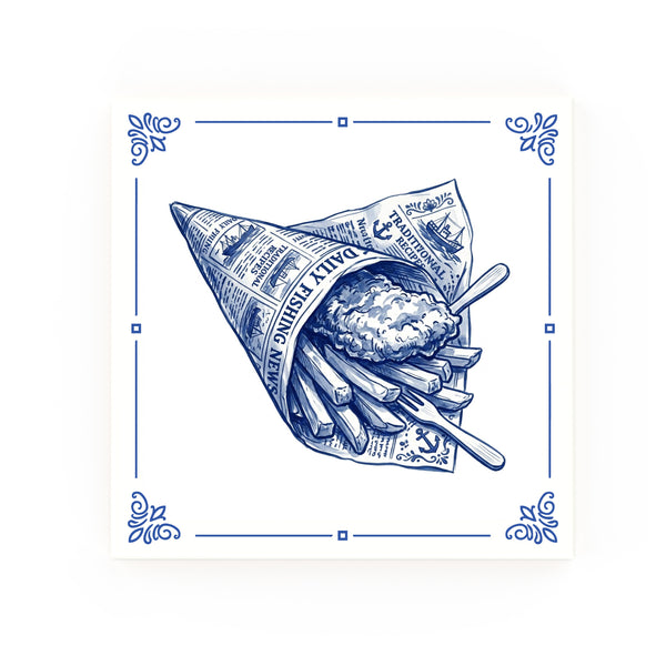 Fish and Chips Cone Delft blue decorative ceramic tile – classic corners