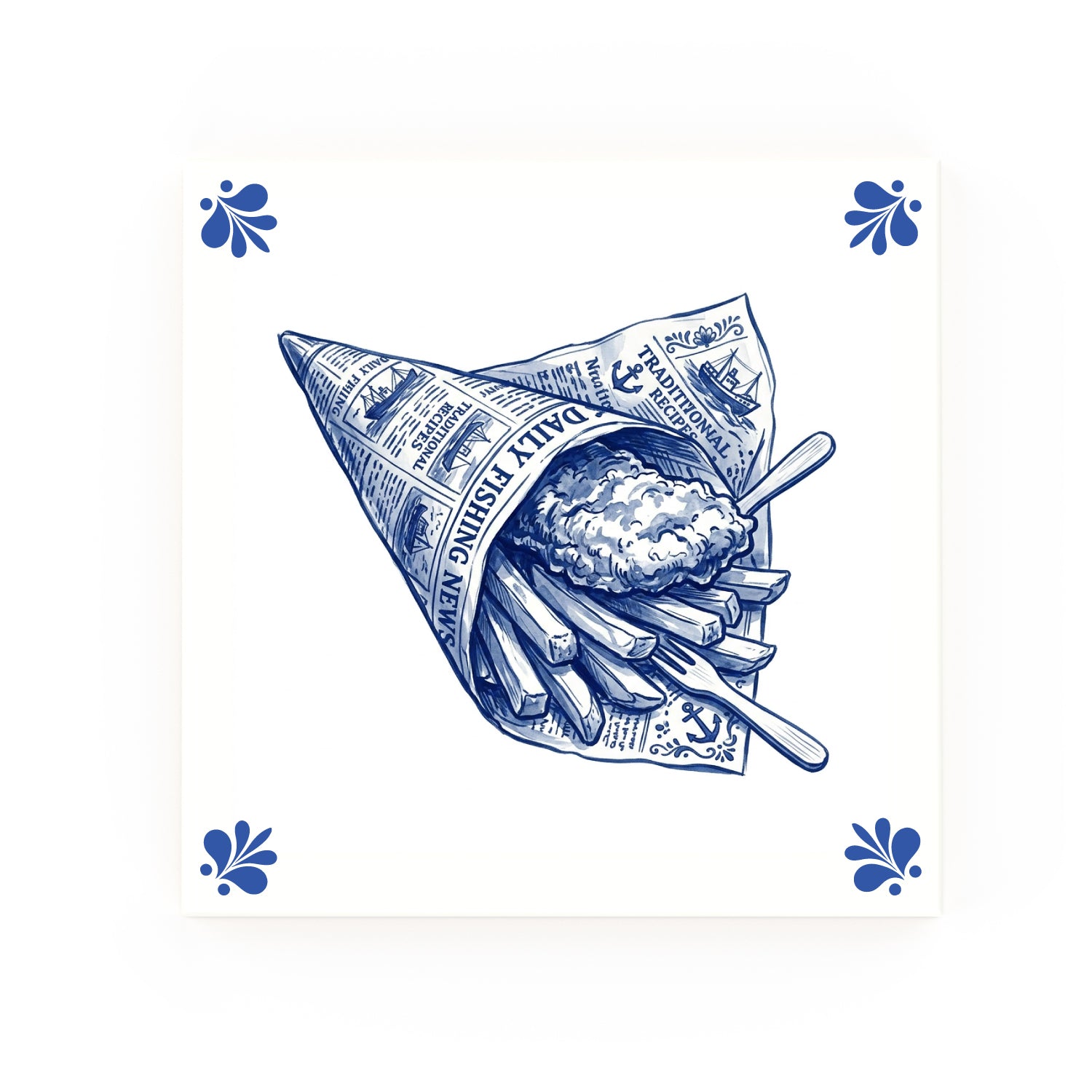 Fish and Chips Cone Delft blue tile – modern rounded corners