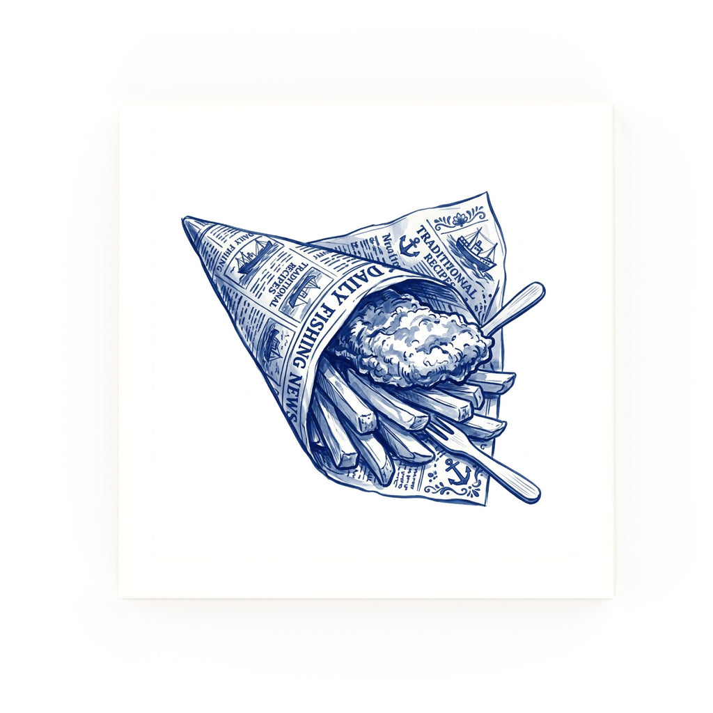 Delft blue ceramic tile no border – Fish and Chips Cone design