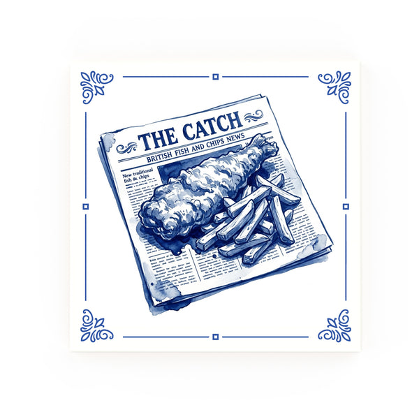 Fish and Chips Delft blue decorative ceramic tile – classic corners