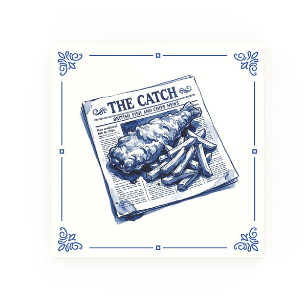 Fish and Chips Delft blue decorative ceramic tile – classic corners