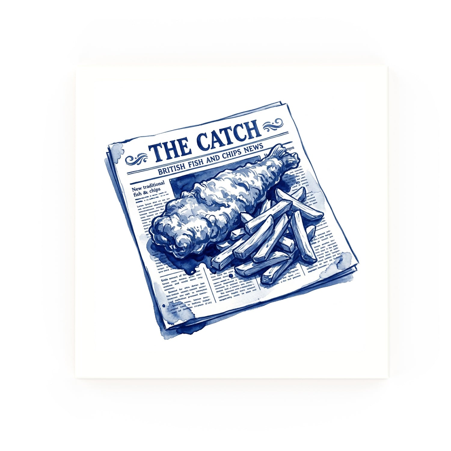 Delft blue ceramic tile no border – Fish and Chips design
