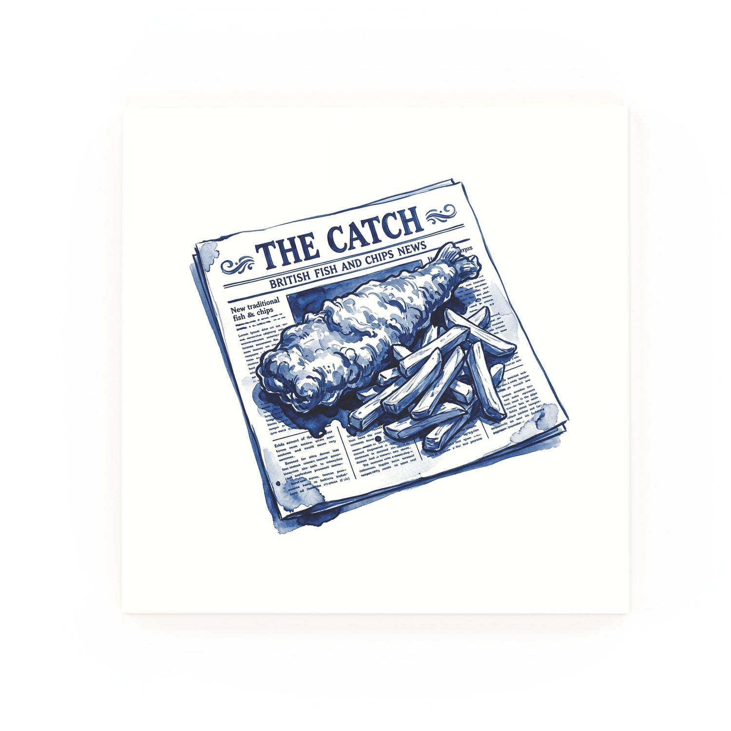 Delft blue ceramic tile no border – Fish and Chips design