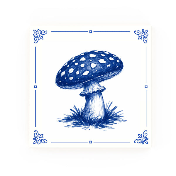 Fly Agaric Mushroom Delft blue decorative ceramic tile – Classic corner style