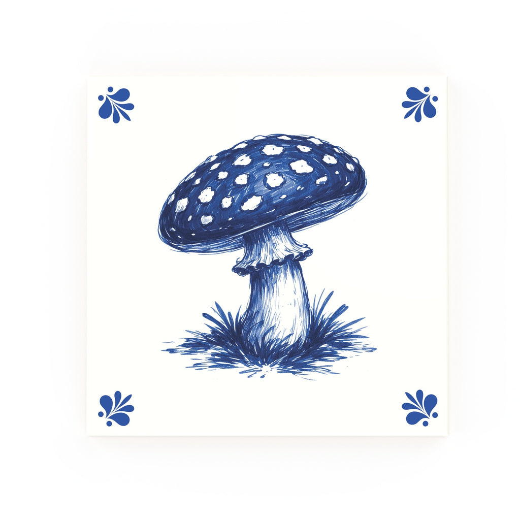 Fly Agaric Mushroom Delft blue decorative ceramic tile – Modern corner style