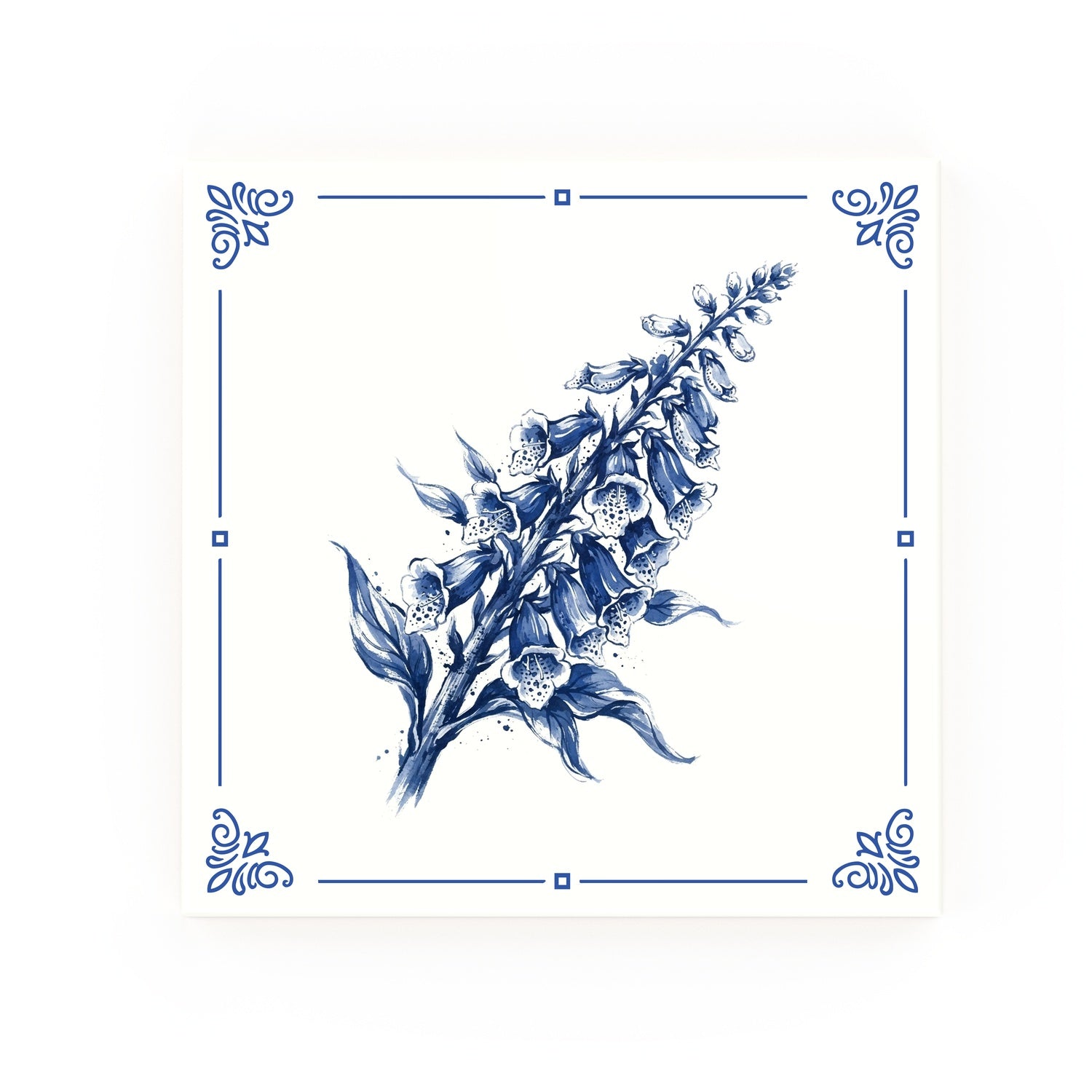 Foxglove Delft blue decorative ceramic tile – Classic corner style