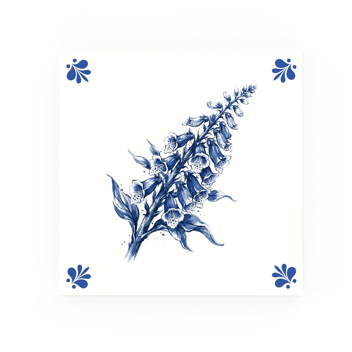 Foxglove Delft blue decorative ceramic tile – Modern corner style