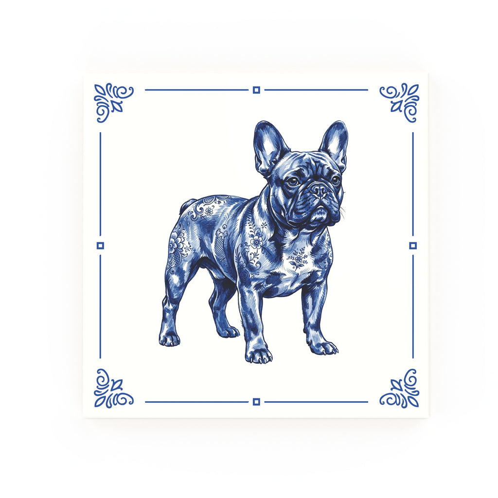 French Bulldog Delft blue decorative ceramic tile – Classic corner style