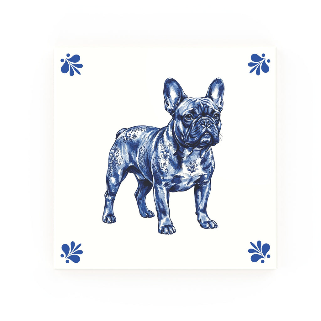 French Bulldog Delft blue decorative ceramic tile – Modern corner style