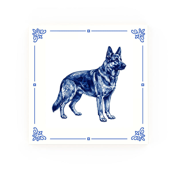 German Shepherd Delft blue decorative ceramic tile – Classic corner style