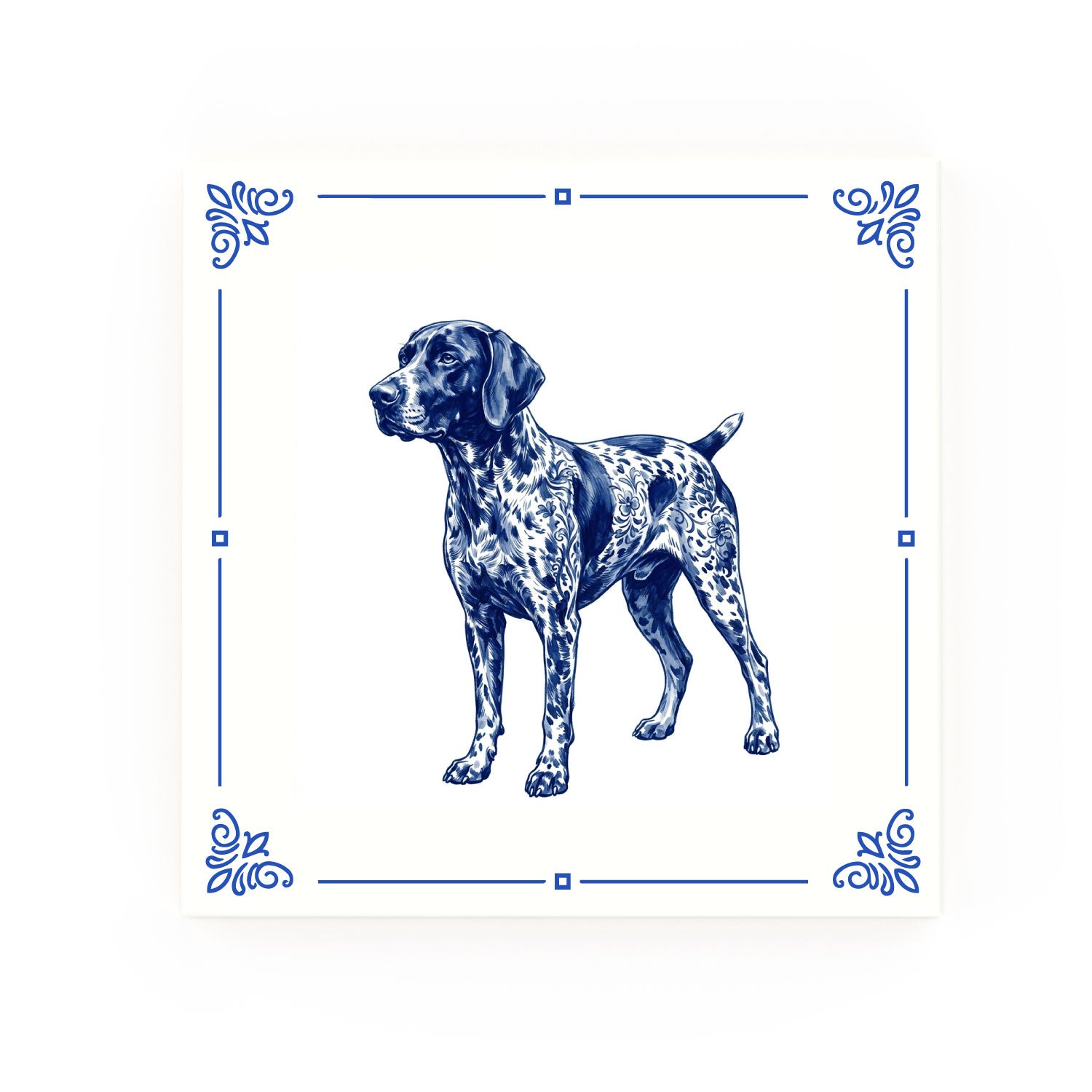 German Shorthaired Pointer Delft blue decorative ceramic tile – Classic corner style