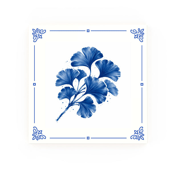 Ginkgo Biloba Leaves Delft blue decorative ceramic tile – Classic corner style