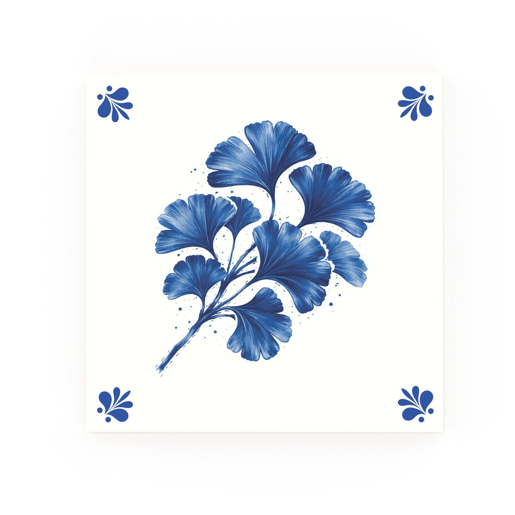 Ginkgo Biloba Leaves Delft blue decorative ceramic tile – Modern corner style