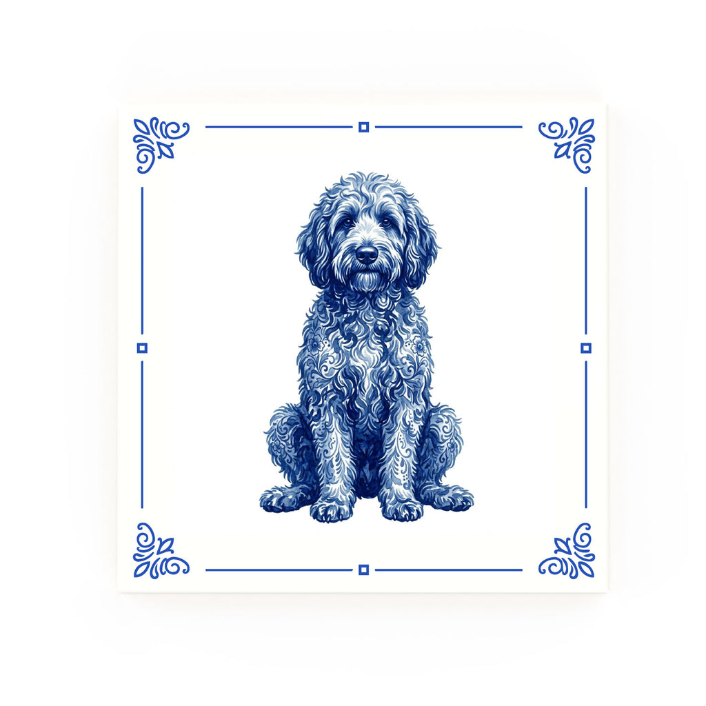 Golden Doodle Delft blue decorative ceramic tile – Classic corner style