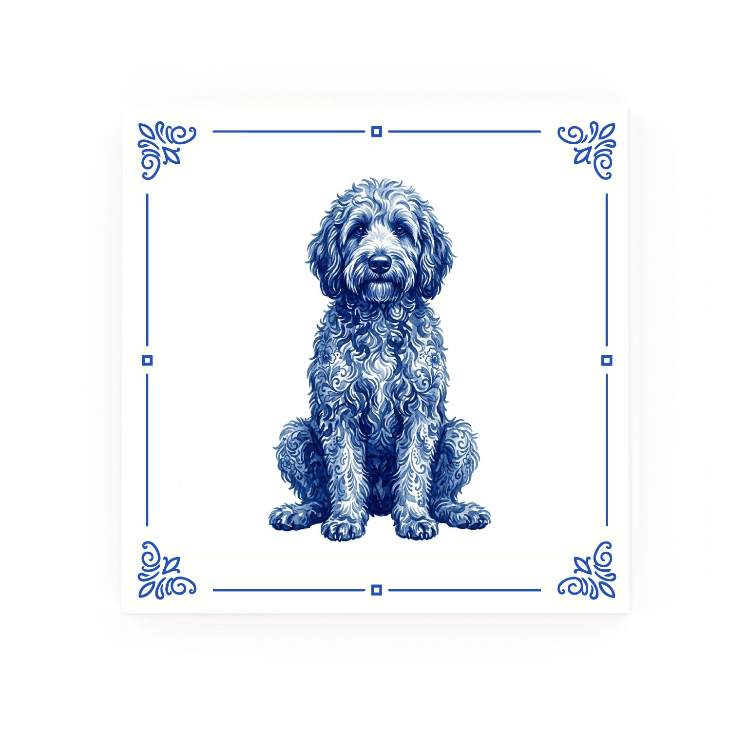 Golden Doodle Delft blue decorative ceramic tile – Classic corner style