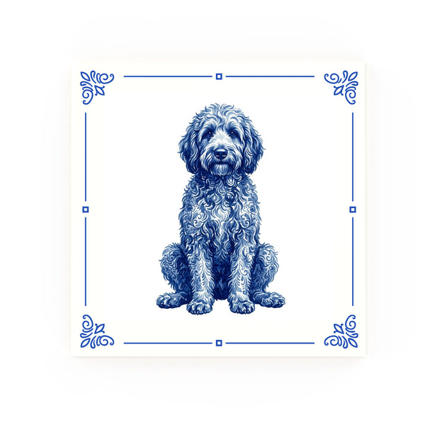 Golden Doodle Delft blue decorative ceramic tile – Classic corner style